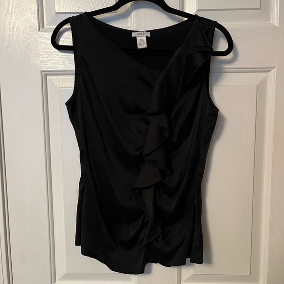 Caché Silk Sleeveless Fitted Black Top Sz L Shirt Ruffle Dressy Cocktail Women - Picture 2 of 13